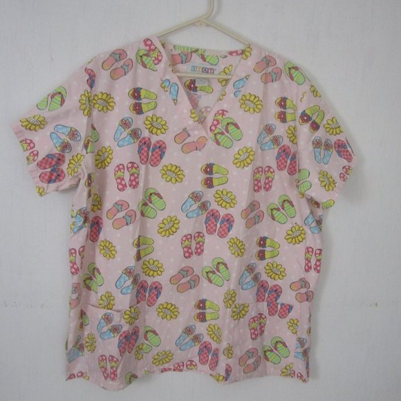 STAT Medical Scrub Shirt women sz L Cotton Polyester Flip Flops beach pink vtg - Picture 3 of 7